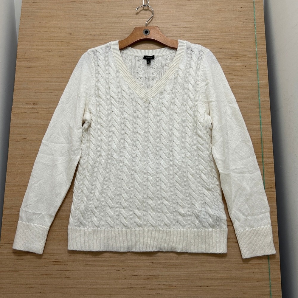 Talbots Womens Ivory Cream Cable Knit V-Neck Long Sleeve Sweater‎ Size M 6338